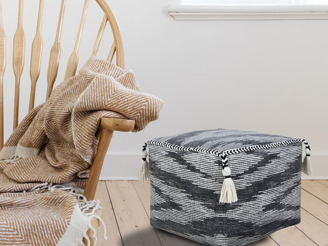 18" Gray Cotton Striped Pouf Ottoman