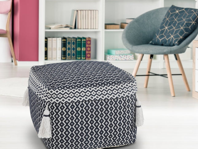 18" Blue Cotton Geometric Pouf Ottoman