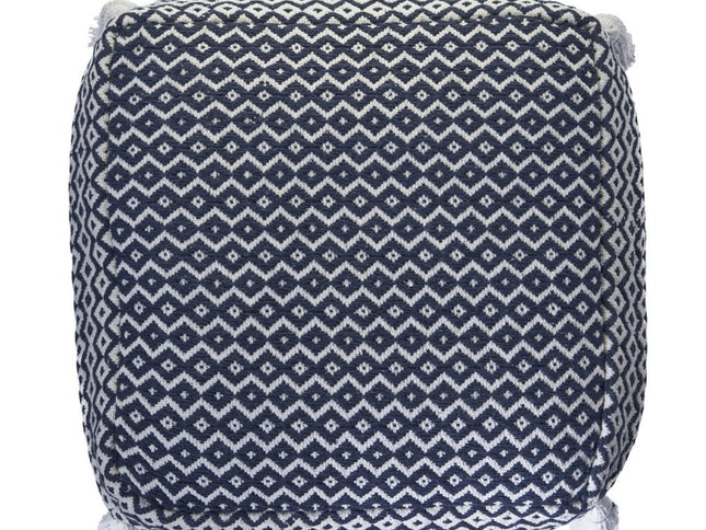 18" Blue Cotton Geometric Pouf Ottoman