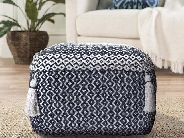 18" Blue Cotton Geometric Pouf Ottoman