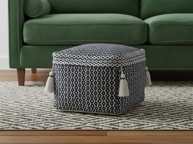 18" Blue Cotton Geometric Pouf Ottoman