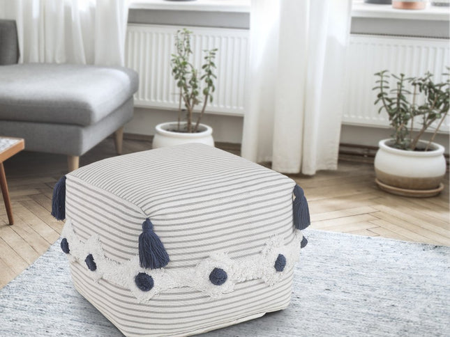 18" Gray Cotton Striped Pouf Ottoman