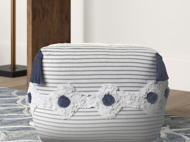 18" Gray Cotton Striped Pouf Ottoman