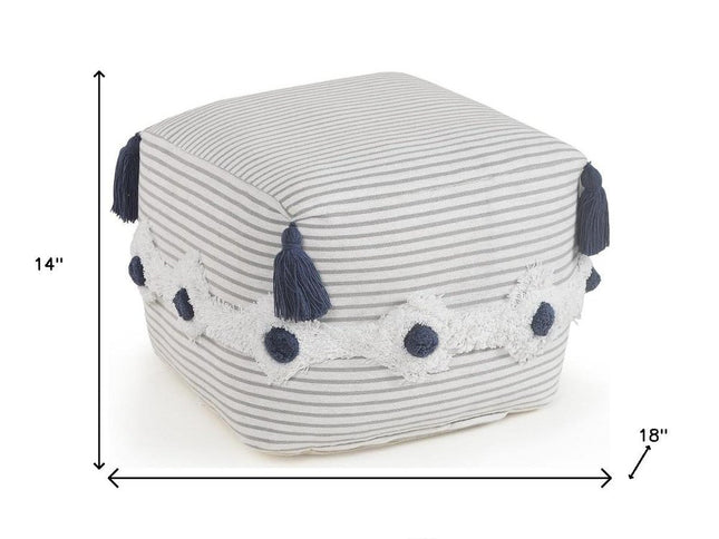 18" Gray Cotton Striped Pouf Ottoman