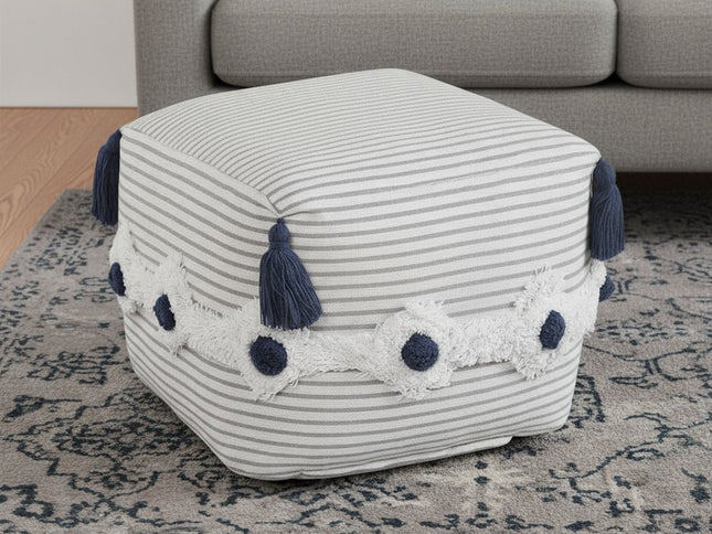 18" Gray Cotton Striped Pouf Ottoman