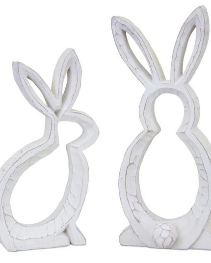 Set of Two White Polyresin Rabbit Statue Tabletop Sculpture