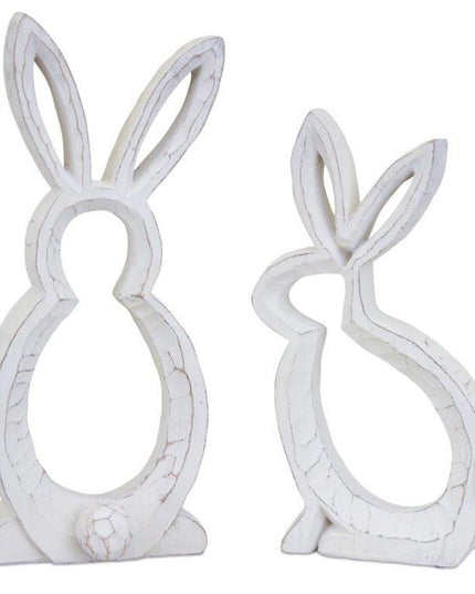 Set of Two White Polyresin Rabbit Statue Tabletop Sculpture