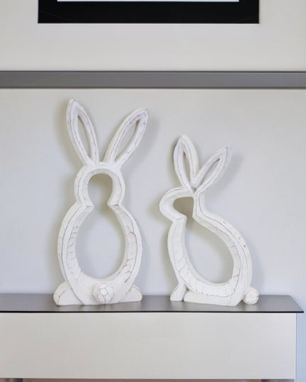 Set of Two White Polyresin Rabbit Statue Tabletop Sculpture