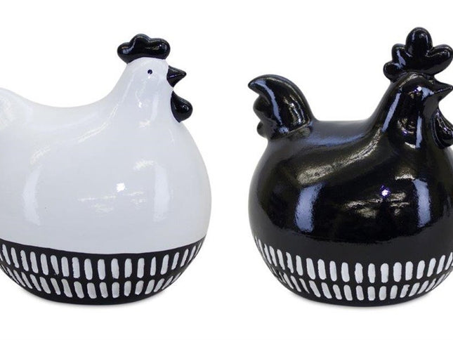Set of Two Black And White Terracotta Chicken Figurines