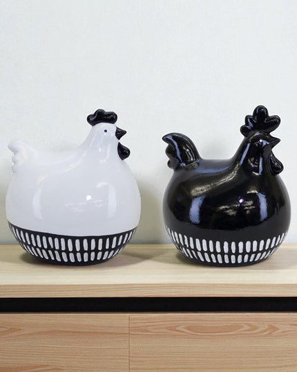 Set of Two Black And White Terracotta Chicken Figurines