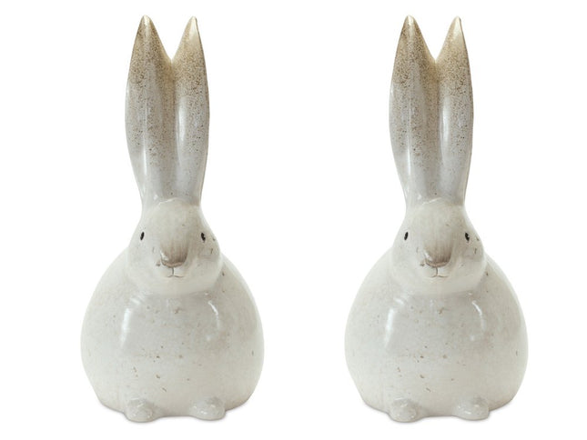 Set of Two White And Brown Terracotta Rabbit Figurines
