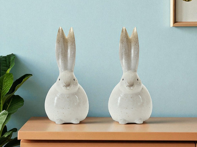 Set of Two White And Brown Terracotta Rabbit Figurines
