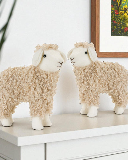 Set of Two Beige And White Plush Sheep Tabletop Sculptures