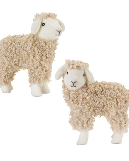 Set of Two Beige And White Plush Sheep Tabletop Sculptures