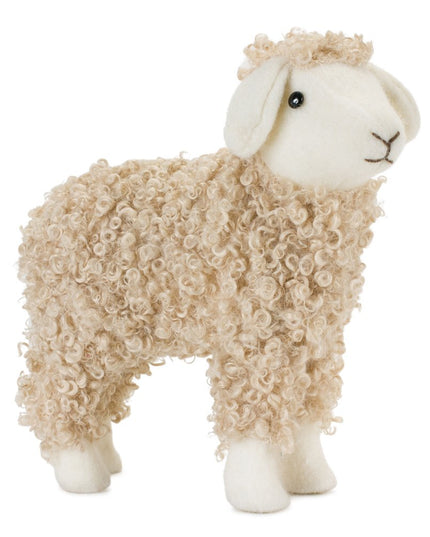 Set of Two Beige And White Plush Sheep Tabletop Sculptures