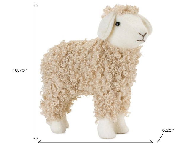 Set of Two Beige And White Plush Sheep Tabletop Sculptures