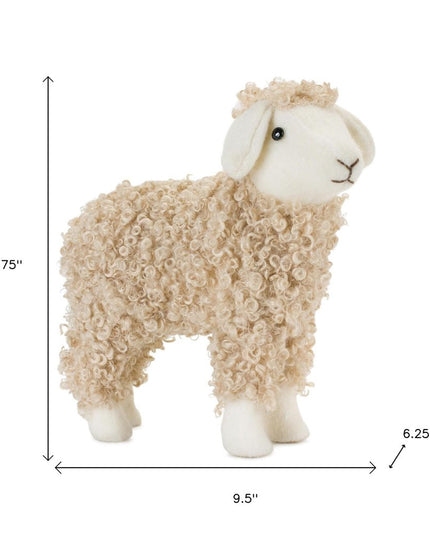 Set of Two Beige And White Plush Sheep Tabletop Sculptures