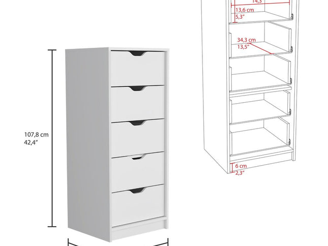 18" White Five Drawer Dresser