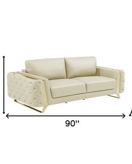 Three Piece Indoor Beige Italian Leather Six Person Seating Set