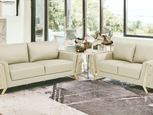 Two Piece Indoor Beige Italian Leather Five Person Seating Set