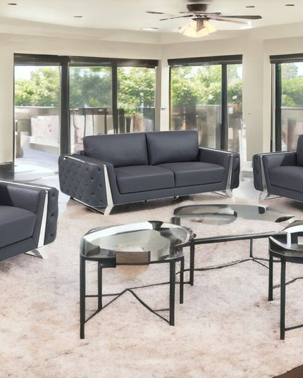 Three Piece Indoor Dark Gray Italian Leather Six Person Seating Set
