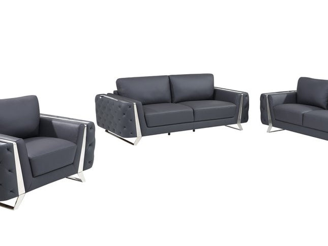 Three Piece Indoor Dark Gray Italian Leather Six Person Seating Set