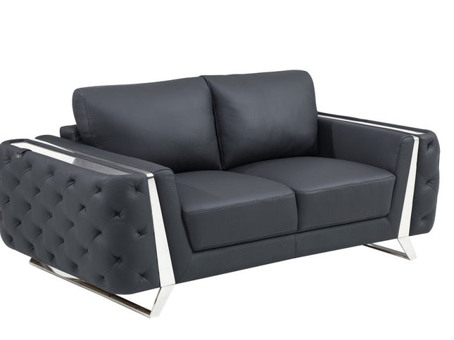 Three Piece Indoor Dark Gray Italian Leather Six Person Seating Set