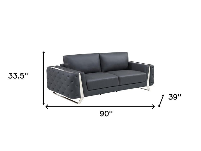 Two Piece Indoor Dark Gray Italian Leather Five Person Seating Set