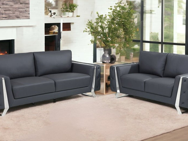 Two Piece Indoor Dark Gray Italian Leather Five Person Seating Set