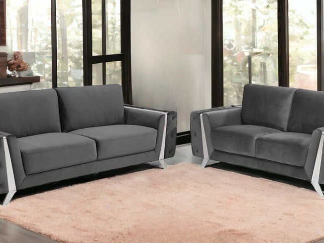 Two Piece Indoor Dark Gray Italian Leather Five Person Seating Set