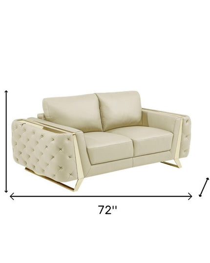 72" Beige And Gold Genuine Leather Loveseat