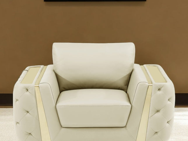 50" Beige And Gold Genuine Leather Tufted Club Chair
