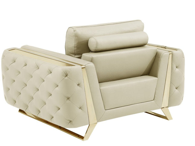 50" Beige And Gold Genuine Leather Tufted Club Chair