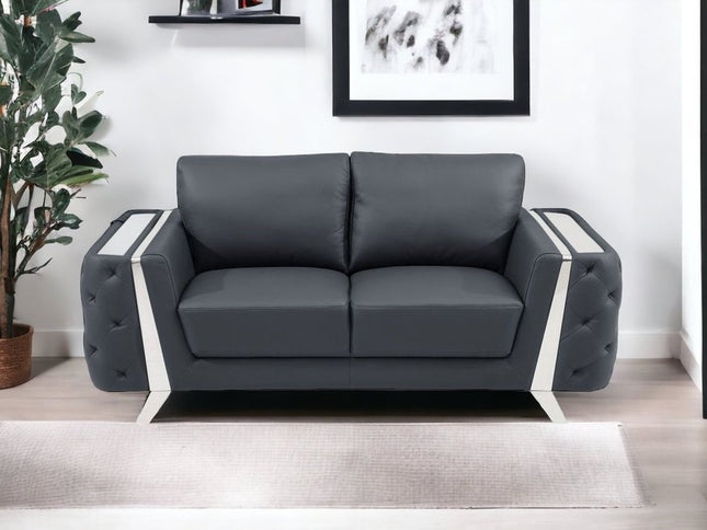 72" Dark Gray And Silver Genuine Leather Loveseat