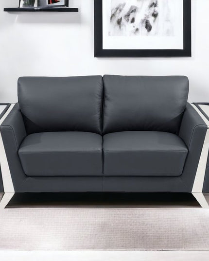72" Dark Gray And Silver Genuine Leather Loveseat