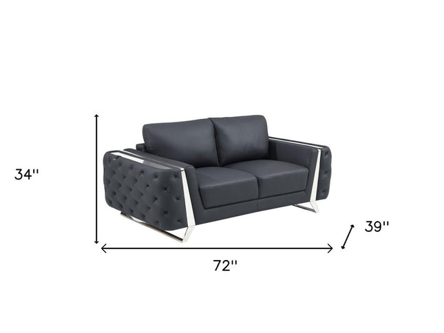 72" Dark Gray And Silver Genuine Leather Loveseat