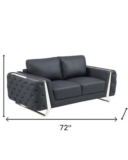 72" Dark Gray And Silver Genuine Leather Loveseat