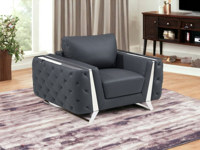 50" Dark Gray And Silver Faux Leather Tufted Club Chair