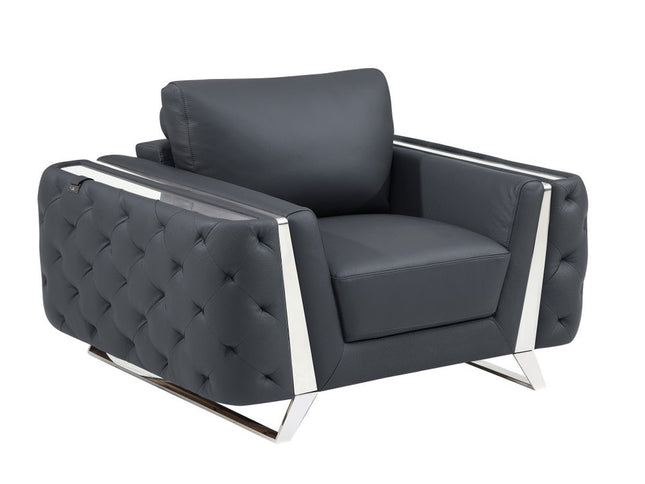 50" Dark Gray And Silver Faux Leather Tufted Club Chair