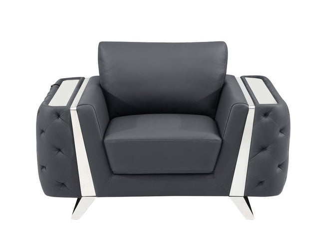 50" Dark Gray And Silver Faux Leather Tufted Club Chair