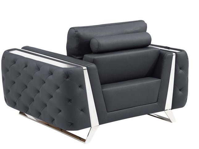 50" Dark Gray And Silver Faux Leather Tufted Club Chair