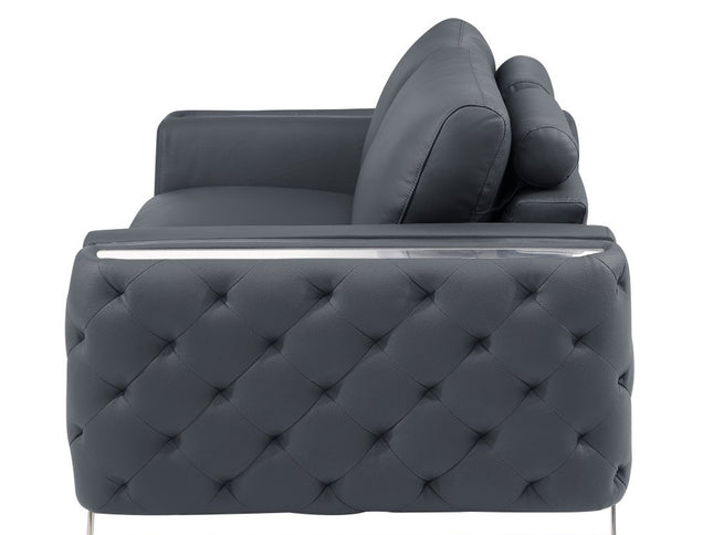 50" Dark Gray And Silver Faux Leather Tufted Club Chair