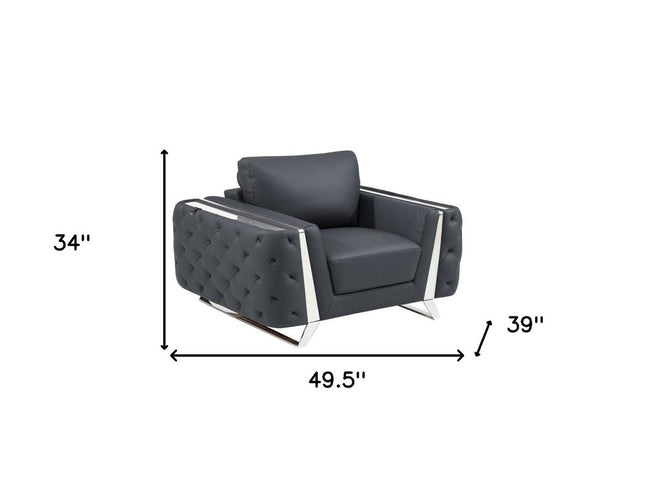 50" Dark Gray And Silver Faux Leather Tufted Club Chair