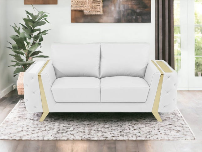 72" White And Gold Genuine Leather Loveseat