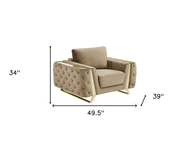 50" Beige And Gold Velvet Tufted Club Chair