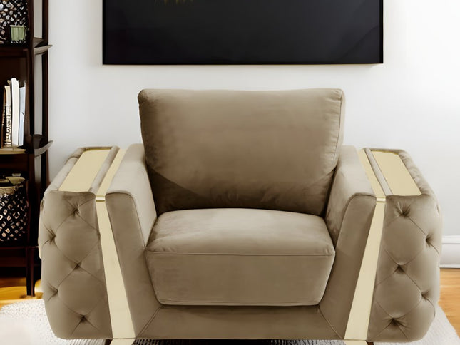 50" Beige And Gold Velvet Tufted Club Chair