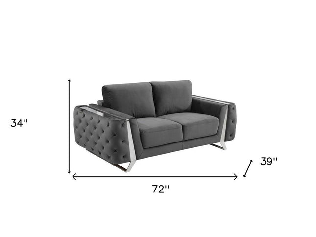 72" Dark Gray And Silver Velvet Loveseat