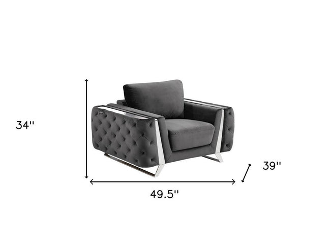 50" Dark Gray And Silver Velvet Tufted Club Chair