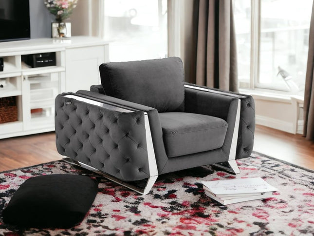 50" Dark Gray And Silver Velvet Tufted Club Chair
