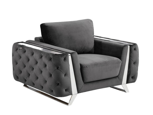 50" Dark Gray And Silver Velvet Tufted Club Chair